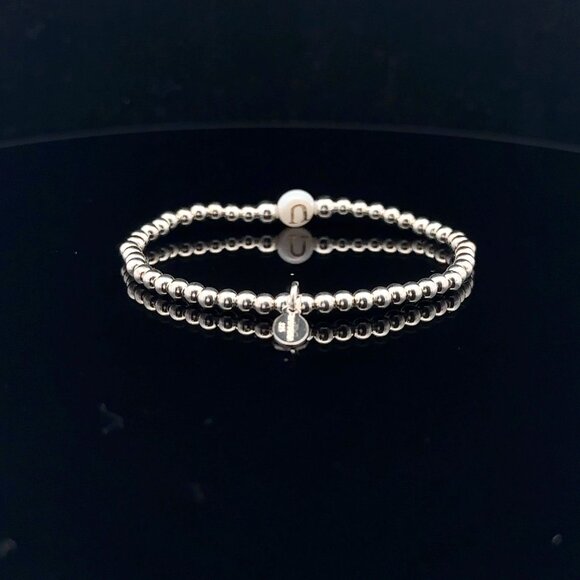 925 Sterling Silver Beaded Stretch Stacking Bracelet MOP Letter Initial U - Picture 4 of 6